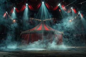 The circus tent is illuminated by spotlights. Generate AI image
