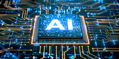 Microchip with Illuminated AI Letters on Circuitry