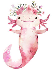 Watercolor pink axolotl with floral wreath on white background.