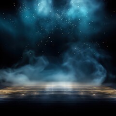 Blue smoke empty scene background with spotlights mist fog with gold glitter sparkle stage studio interior texture for display products blank copyspace