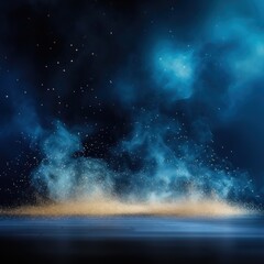 Blue smoke empty scene background with spotlights mist fog with gold glitter sparkle stage studio interior texture for display products blank copyspace