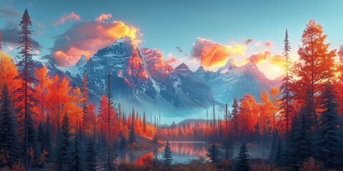 A painting depicting a towering mountain range overlooking a serene lake in the foreground Canada Day