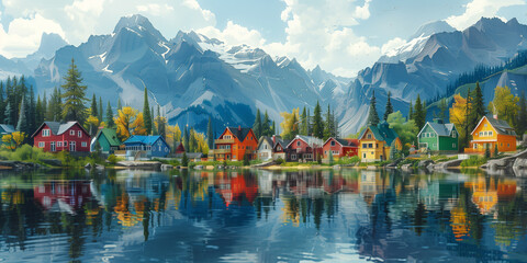Fototapeta premium A painting featuring a lake with a mountain range in the background Canada Day
