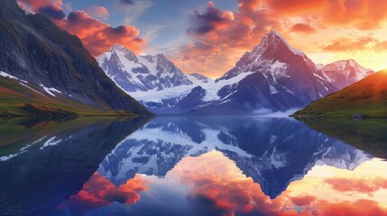 A majestic mountain landscape at sunset, snow-capped peaks, a crystal-clear lake reflecting the vibrant sky, serene nature. Resplendent.