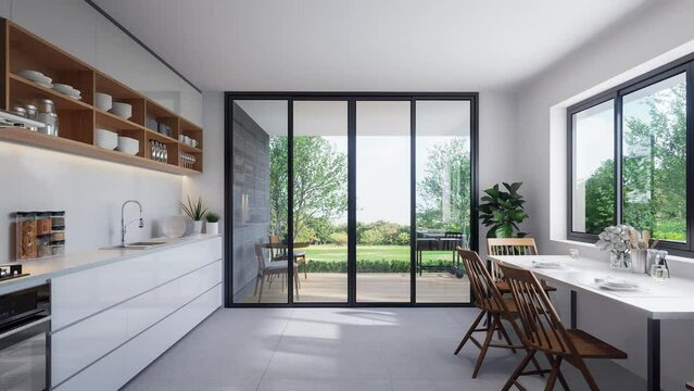 Animation of modern Style white kitchen and dining room interior with nature view 3d render, Concrete tile floor , white glossy counter cabinet large door overlooking wooden terrace and garden view