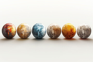 Assortment of variously colored marbles lined up on a white surface