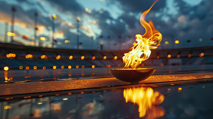 The Olympic flame on the background of the athletics stadium.