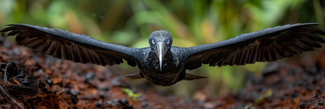 fantasy alien bird with huge wings in flight close to the gorund.