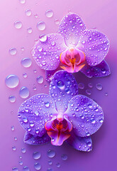 Two purple orchids with water droplets on a purple background.