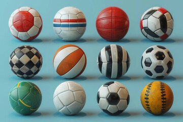 Various types of sports balls scattered on a blue background
