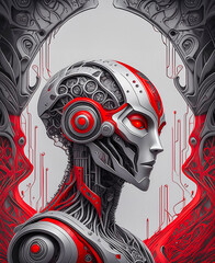 Concepto tecnológico con la ilustración de un humanoide gris y rojo sobre fondo claro vertical de perfil, 2024