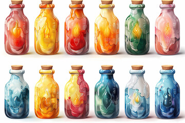 Set of glass bottles with unique designs and patterns displayed together
