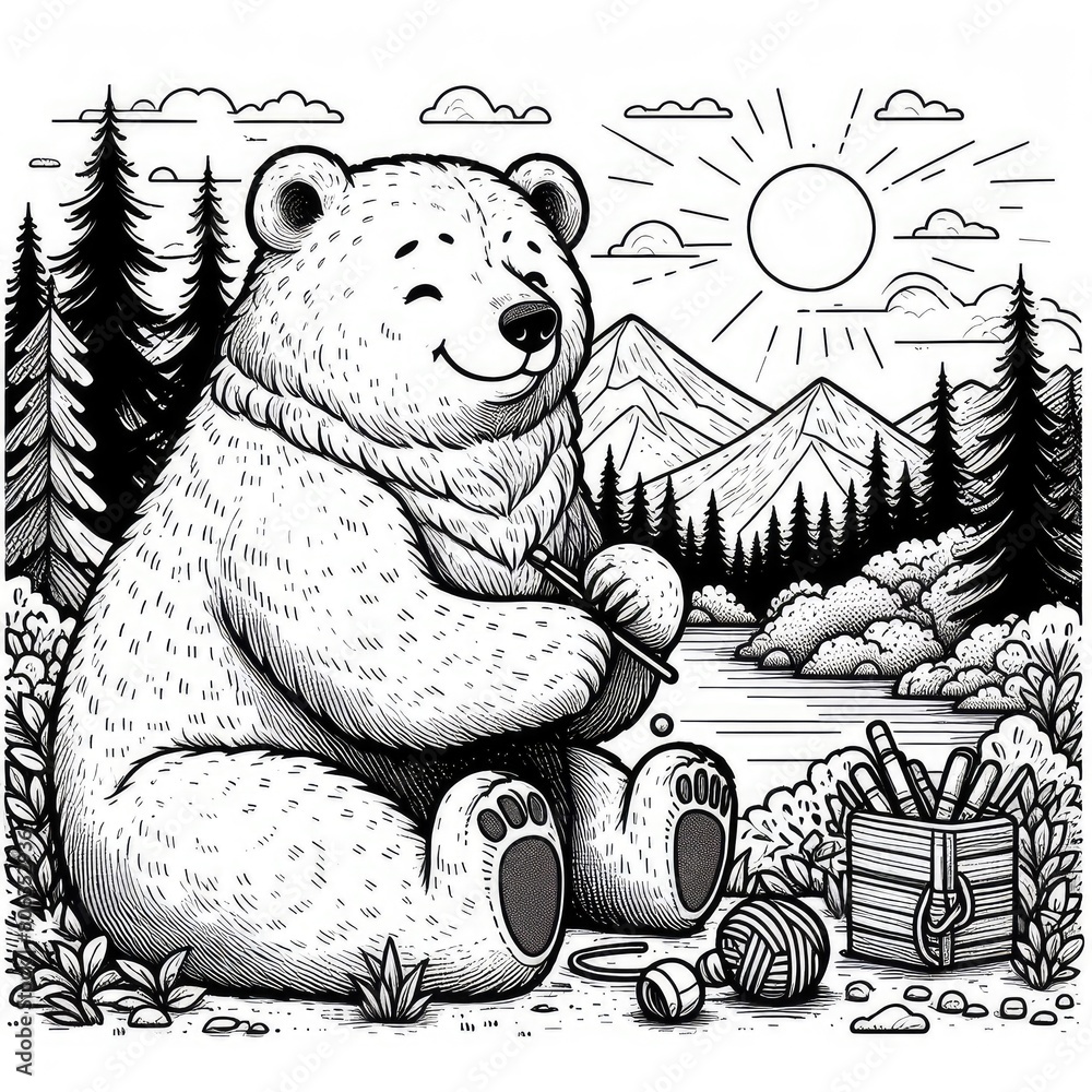 Wall mural Monochrome line art bear in sketch style coloring page illustration