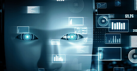 MLP 3d illustration Future financial technology controll by AI robot huminoid uses machine learning and artificial intelligence to analyze business data and give advice on investment and trading