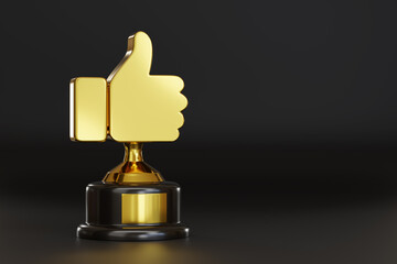 Golden thumbs up trophy with copy space. 3d illustration.