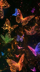Fototapeta premium A colorful image of butterflies flying in the dark.