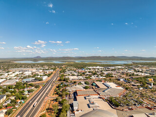 Gaborone aerial view drone perspective of industrial area with Gaborone dam in the background and...