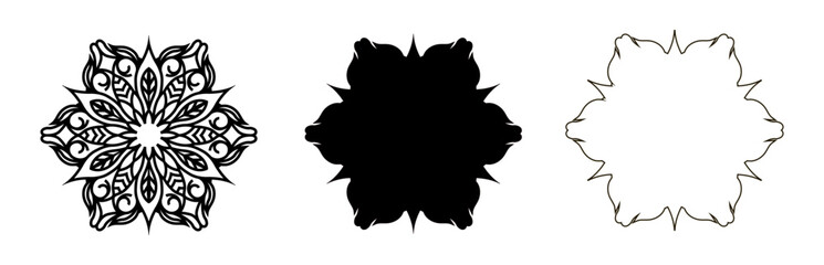 Mandala is black. Set of three- a black silhouette, outline and drawn inside. Vintage decorative elements. Oriental pattern. Islamic, Arabic, Indian, Moroccan, Turkish motifs. Vector illustration