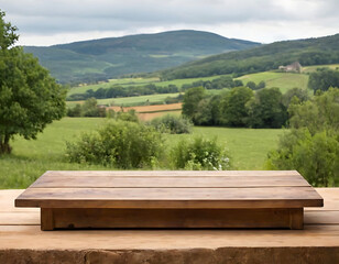 Product platform - wooden on landscape background.