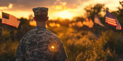 Memorial Day concept. Portrait of a soldier standing in a cemetery decorated with national flags. Sunset, golden hour. Text space. Banner style.