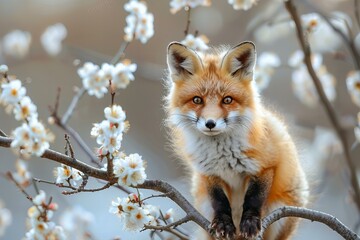 Baby Fox Perched Amid Blossoming Spring Tree Branches