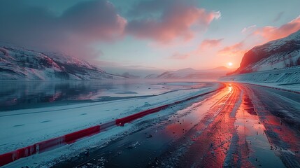 A road in the snow at sunset.