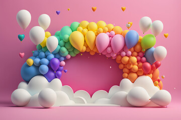 3d rainbow with party balloons and white clouds