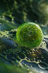 A green water droplet floating in the water.