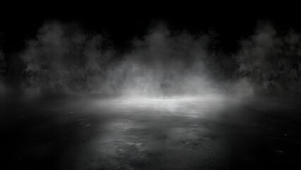 Obraz premium Dark and mysterious smoke or fog fills an empty room with a concrete floor, creating an eerie atmosphere