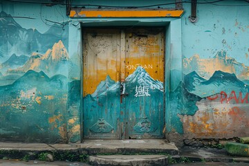 Artistic Mural of Mountains on a Weathered Urban Door
