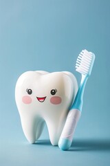 Cute happy smiling tooth with tooth brush. Dental kids care