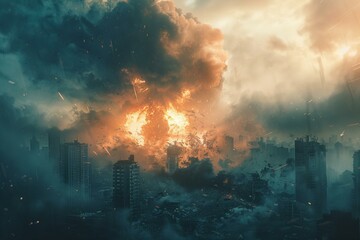 Obraz premium Apocalyptic Cityscape with Massive Explosion and Debris