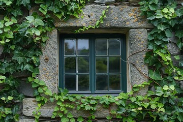Stone Building Window Surrounded by Lush Green Ivy