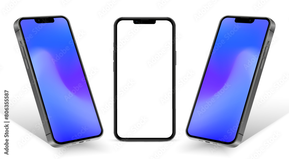 Poster Realistic smartphone mockup. Mobile phone vector with isolated on white background. Device front view. 3D mobile phone with shadow. Realistic, high quality smart phone mockup for ui ux presentation.