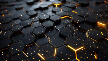 Fototapeta premium Abstract glowing yellow hexagons on a black background form a futuristic technology concept