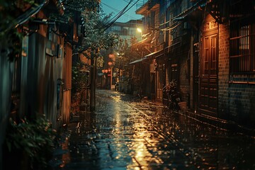 Rainy Evening in Old City Alley with Glowing Street Lights
