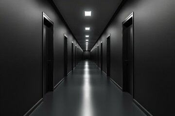 Modern Black Corridor with Closed Doors and Ceiling Lights