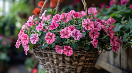 Hanging Flowers Pot Containing on The Roof. Pink and White Petunias. At Sunset, The Sun's Rays