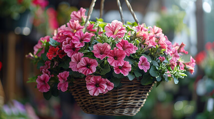 Hanging Flowers Pot Containing on The Roof. Pink and White Petunias. At Sunset, The Sun's Rays