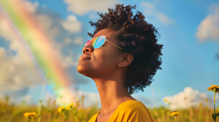 Happy young black woman breathing fresh air outdoors in nature. African american female meditating outside practicing wellness meditating deep breathing. Blue sky and rainbow. Inclusive pride