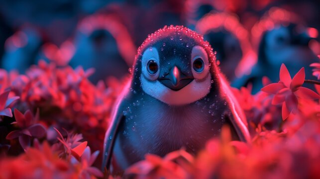 small cute penguin standing in the bright red flower field illuminated with red light.