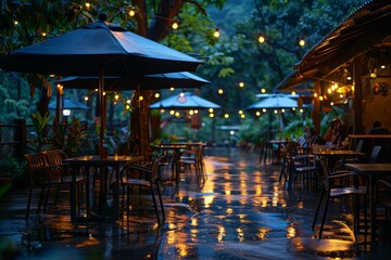 Rainy Evening at a Cozy Cafe Terrace With Glowing Lights