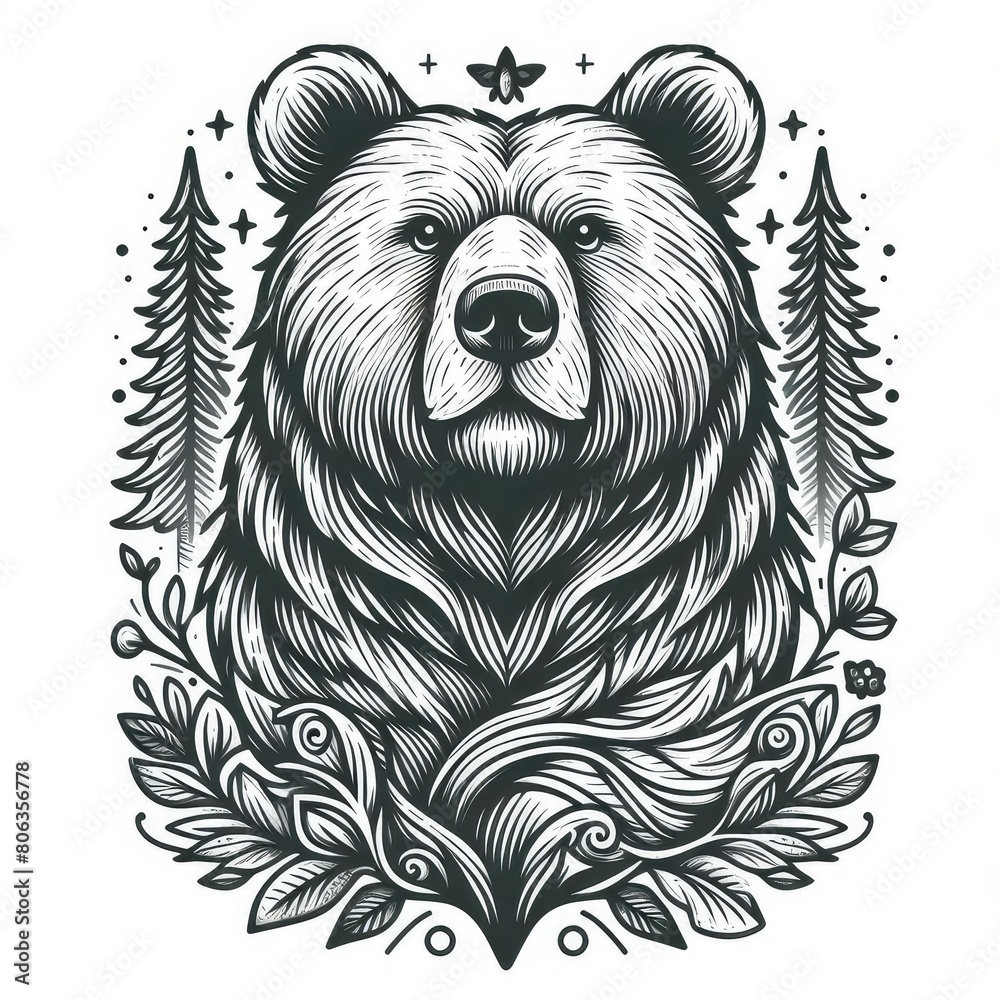 Wall mural monochrome line art bear in sketch style coloring page illustration