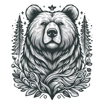 recommend clip art: Monochrome line art bear in sketch style coloring page illustration