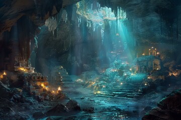 Naklejka premium Mystical Cave with Hidden Treasures and Ethereal Light Rays