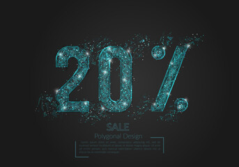 Abstract isolated blue 20 percent sale concept. Polygonal illustration looks like stars in the black night sky in space or flying glass shards. Digital design for website, web, internet.