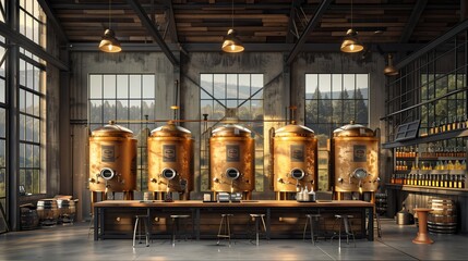 Modern graphic of a craft brewery with rustic amber tanks, perfect for food and beverage industry insights.
