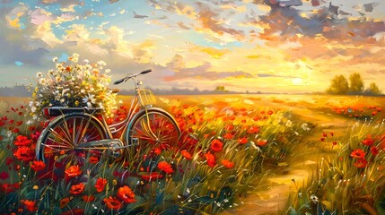 Fototapeta premium Idyllic Countryside Sunset with Vintage Bicycle and Flower Basket. Rustic Charm in a Peaceful Landscape. Perfect for Decor and Postcards. AI
