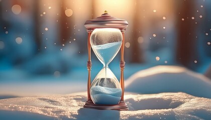 hourglass on ice, snow, copy space