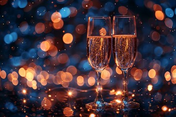 Elegant Champagne Glasses on Glittery Blue Background